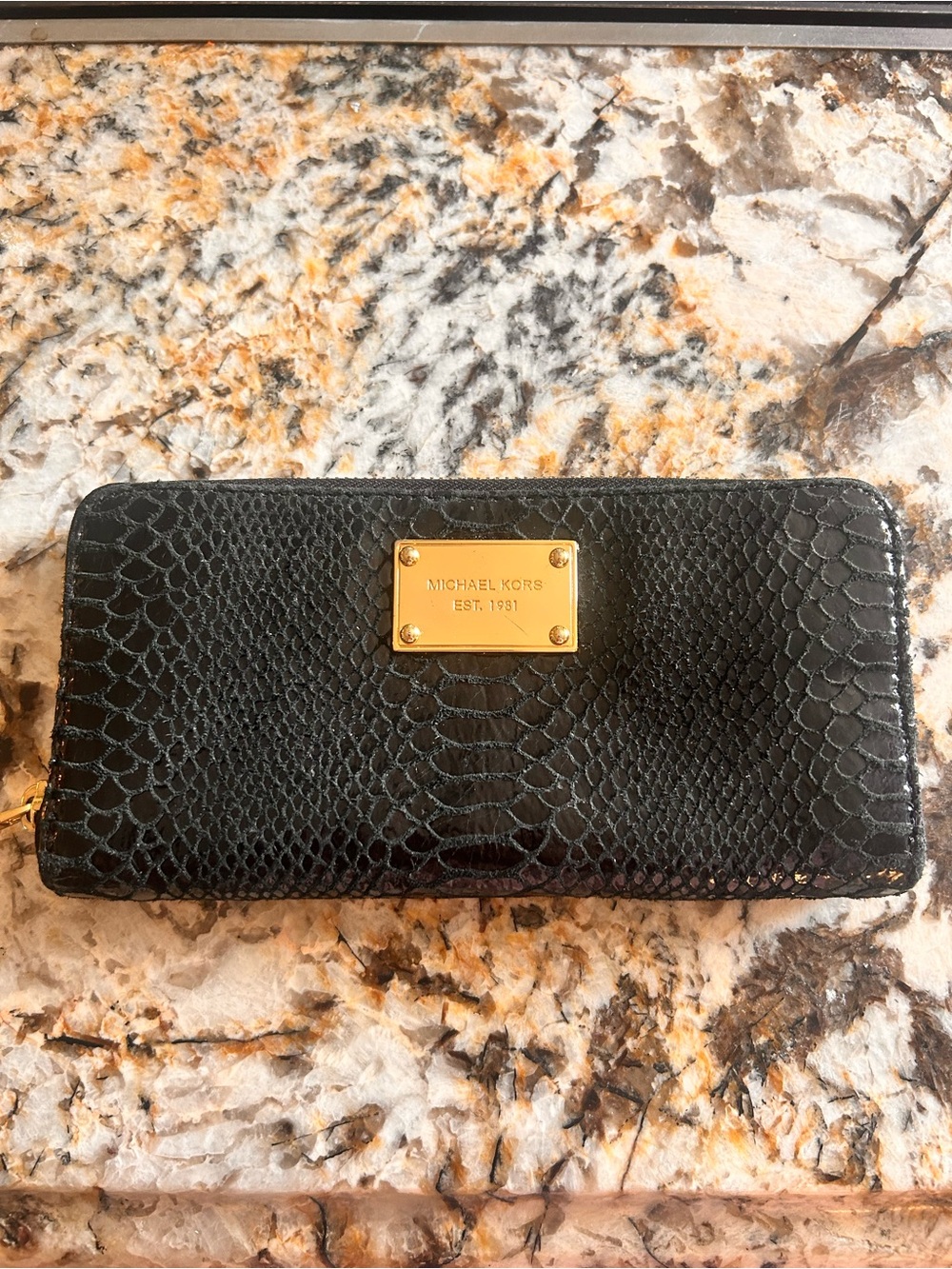 Michael Kors Black Faux Snakeskin Zip Around Wallet with Gold Plaque